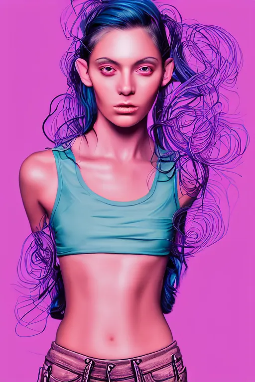 Image similar to a award winning half body portrait of a beautiful woman with stunning eyes in a croptop and cargo pants with ombre purple pink teal hairstyle and hands in pockets by thomas danthony, surrounded by whirling illuminated lines, outrun, vaporware, shaded flat illustration, digital art, trending on artstation, highly detailed, fine detail, intricate