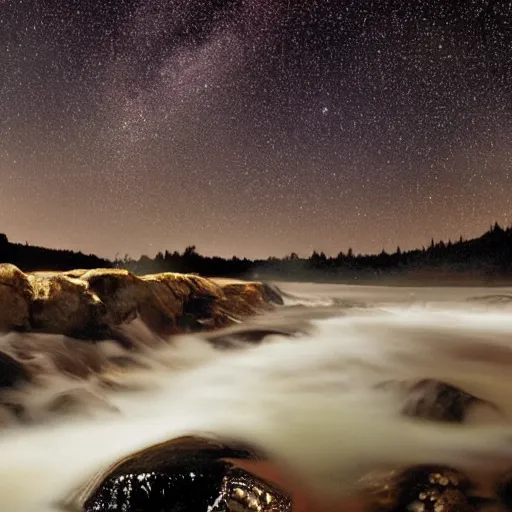 Image similar to starry nigh, salmon jumping out of a river