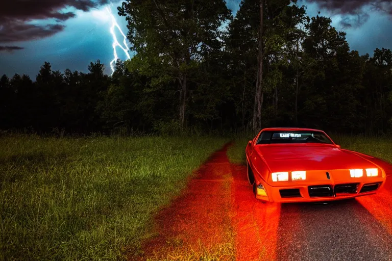 Prompt: pontiac firebird with glowing paint, sunrise, eerie light, fireflies, dog watching the car, dramatic, cinematic, forest, sunbeams, volumetric lighting, wide shot, low angle, lightning storm hitting the car