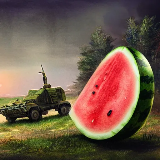 Prompt: Very very very very highly detailed Watermelon as military vehicle with epic weapons, on a battlefield in russian city as background. Less Watermelon a lot more military vehicle, Photorealistic Concept 3D digital art in style of Caspar David Friedrich, super rendered in Octane Render, epic dimensional light