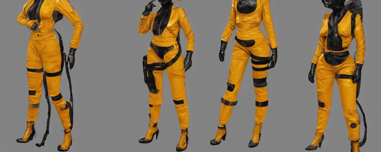 Image similar to character design, fashion reference sheet, curvy, 70's jetfighter pilot girl, optimistic, dirty yellow and orange flight suit, scuffed exoskeleton, concept art, photorealistic, hyperdetailed, 3d rendering!, rimlight , art by Frazetta,