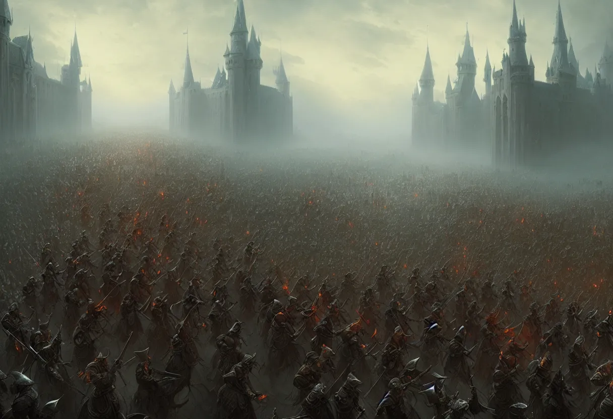 Prompt: beautiful render of a fairytale, tired medieval army marching, ultra high definition, ultra detailed, symmetry, fog, matte painting, by greg rutkowski and ross tran and wlop