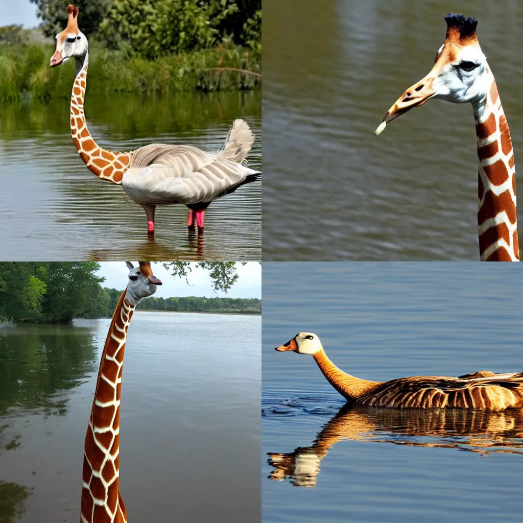 Prompt: a goose with a neck as long as a giraffe