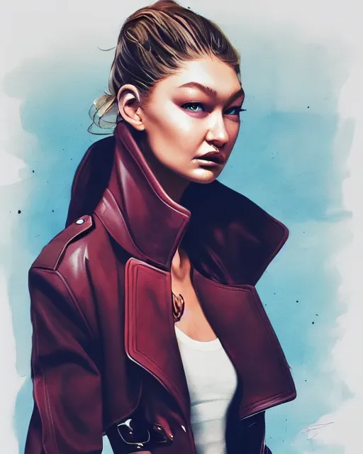 Prompt: gigi hadid wearing fashionable trench coat, volumetric lighting, conrad roset, jesper ejsing, artgerm, artstation, halo of light