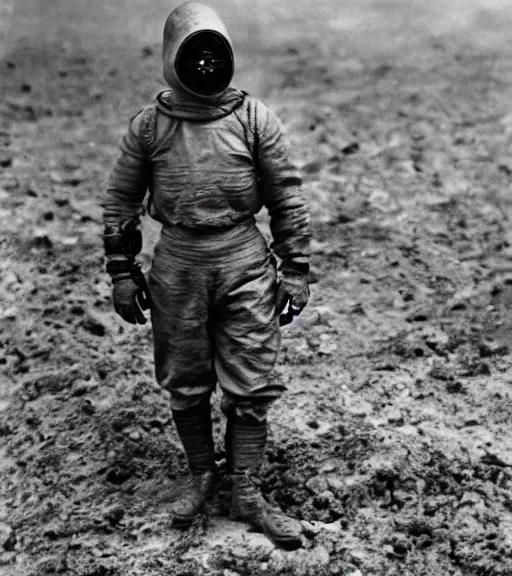 Prompt: man in a hazmat suit and gasmask in distance, ww1 film photo, grainy, high detail, high resolution