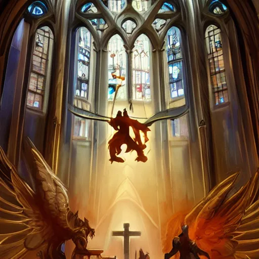 Image similar to angel protecting man who is praying inside a gothic church by Stanley Artgerm Lau, WLOP, Rossdraws, James Jean, Andrei Riabovitchev, Marc Simonetti, Yoshitaka Amano, ArtStation, CGSociety