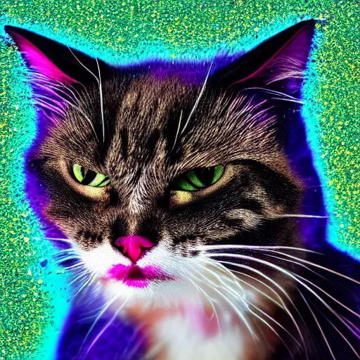 Prompt: a photo of an angry cat covered in glitter, highly detailed, photorealistic