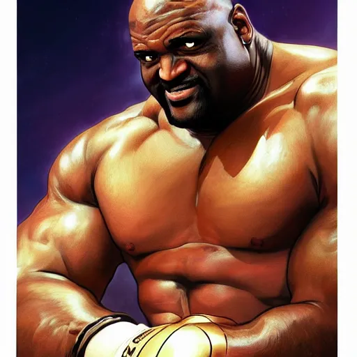 Image similar to shaquille o'neal as sagat street fighter, photo realistic, 4 k, ultra realistic, detailed focused art by artgerm and greg rutkowski and alphonse mucha
