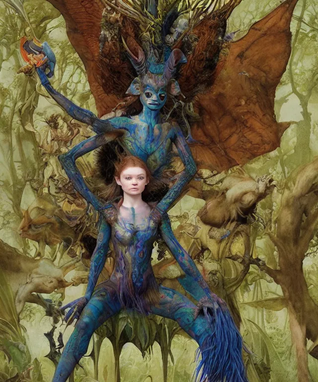 Prompt: a portrait photograph of a meditating fierce sadie sink as a colorful harpy antilope super villian with slimy amphibian scaled blue skin. her body is partially transformed into a beast. by donato giancola, hans holbein, walton ford, gaston bussiere, peter mohrbacher and brian froud. 8 k, cgsociety, fashion editorial