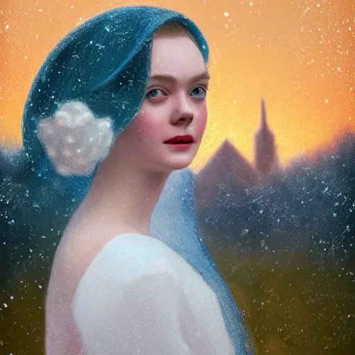 Prompt: Elle Fanning, head and shoulders masterpiece, in the snow, golden hour, in a garden, artstation, in the style of Art Deco and Fernando Botera and Bosch, extremely detailed