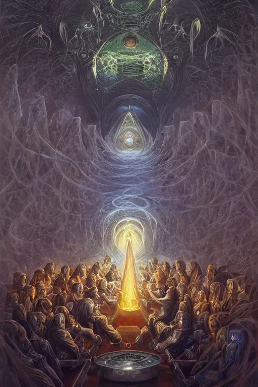 Image similar to a quantum computer!!!!!, surrounded by a dark cabal of hooded elven mystics with long robes gathered in a circular formation, michael whelan, dan seagrave, boris vallejo, quantum computer, quantum computer