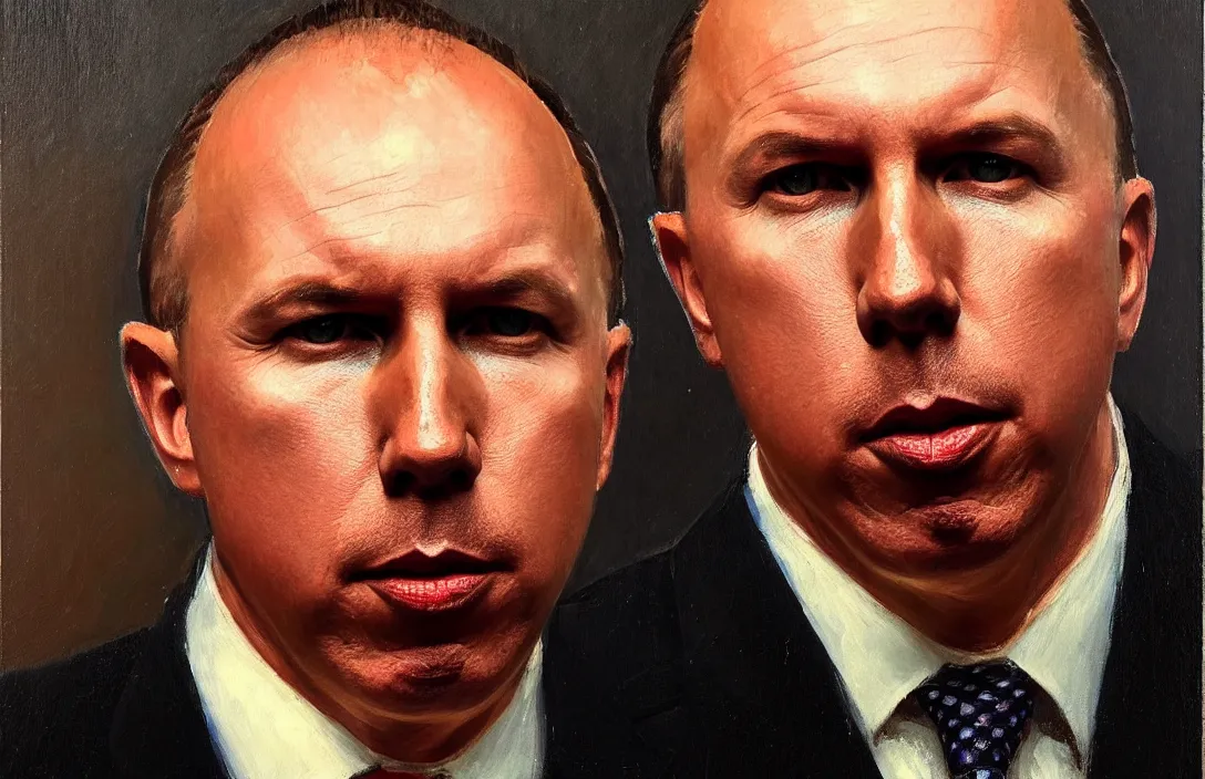 Prompt: portrait of peter dutton australian politician!!!!!!!!!!!!!!!!!!!!!!!!!!!, detailed face, detailed painting, epic lighting, by ilya repin, phil hale and kent williams