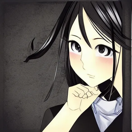 Image similar to “Detailed manga art of a beautiful Japanese girl holding a knife; loving expression; school uniform; high contrast; clean, sharp”