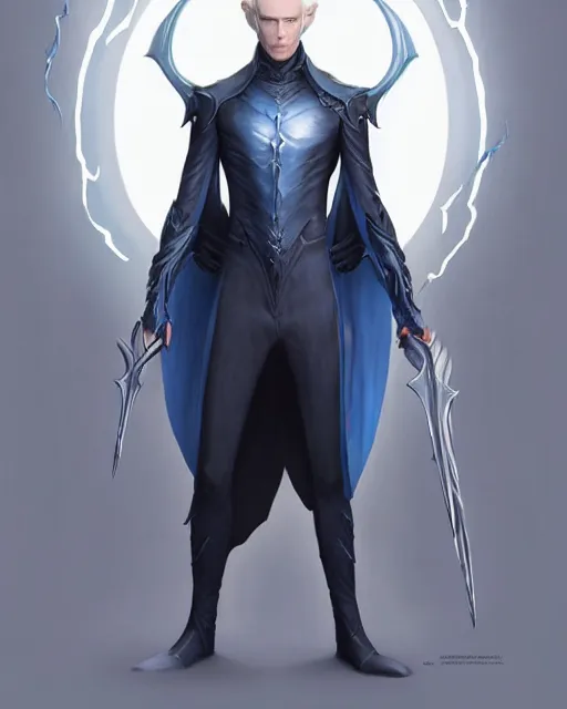 Prompt: character portrait of a slender young half elven man with white hair piercing blue eyes and pale blue skin, wearing sleek pearlescent black armor, by greg rutkowski and mark brookes and jim burns and tom bagshaw and magali villeneuve, trending on artstation