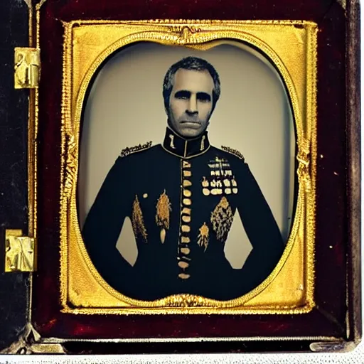 Prompt: daguerreotype portrait of jeffery epstein wearing an army uniform, very detailed, very intricate,