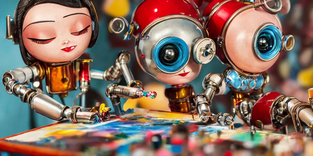 Prompt: closeup portrait of tin toy retro robot painter mixing gouache in an artist workshop, depth of field, zeiss lens, detailed, centered, fashion photoshoot, by nicoletta ceccoli, mark ryden, lostfish, breathtaking, 8 k resolution, extremely detailed, beautiful, establishing shot, artistic, hyperrealistic, octane render