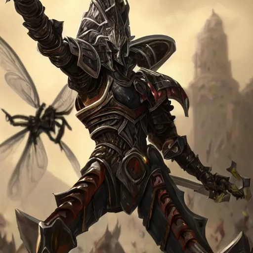 Image similar to portrait of humanoid mosquito resembling a knight in black armor with two dragonfly wings, league of legends splash art, hearthstone splash art, full body shot, rule of thirds, ultrafine hyperrealistic detailed face, artgerm, greg rutkowski, trending on artstation, 8 k, intricately detailed, highly detailed