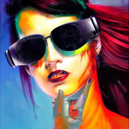 Prompt: cyberpunk goddess with sunglasses, black hair, side portrait, striking, defiant, spotlight, vibrant colors, paint splash, beautiful eyes, by marco paludet and gianni strino and marion bolognesi