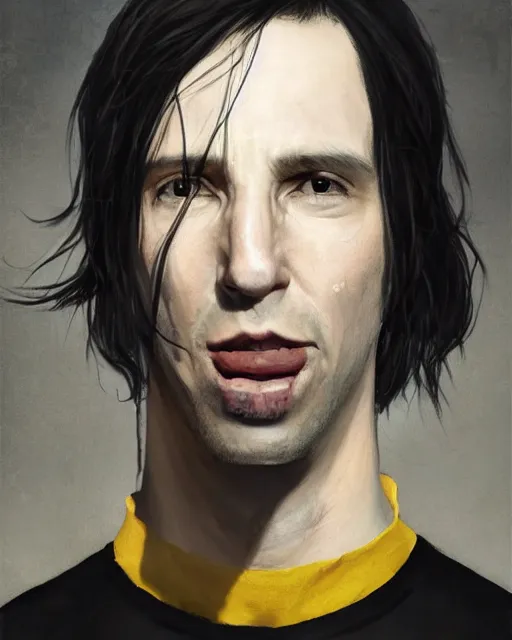 Image similar to portrait of a 3 2 - year - old man wearing black clothes, snape severus, with black, greasy, mid - length hair, hooked nose, dark brown eyes, yellow uneven teeth, hyper realistic face, beautiful eyes, fantasy art, in the style of greg rutkowski, intricate, hyper detailed, smooth