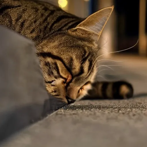 Prompt: a cat sleeping on the sidewalk late at night high quality