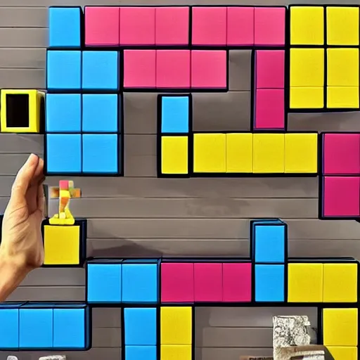 Prompt: “ man playing tetris in real life with giant blocks, real 4 k photo ”