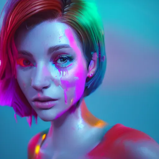 Image similar to cartoon portrait made out of rain, dancing in the clouds with splashes of neon colors, rendered in octane, unreal engine, highly detailed, beautiful