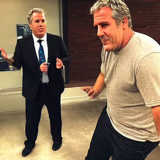 Prompt: “Jeffrey Epstein doing a sketch with James Corden nbc production still”