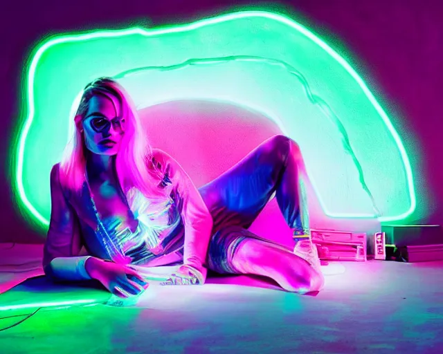 Image similar to margot robbie as neon light art, hyper detailed, award winning