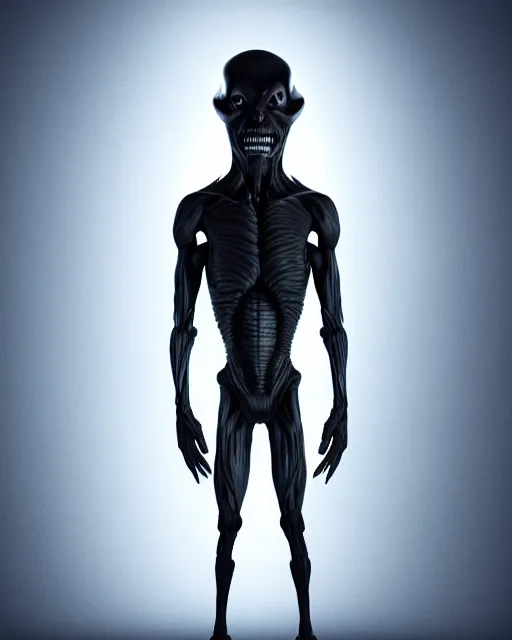 Image similar to full body dark and intimidating portrait of an angry grey alien with sharp glowing black eyes, standing upright with blue wispy light highlighting from behind its figure on a black background, scary, dark and high resolution, 3 d, rim lighting, octane render, 8 k, ultra detailed, photorealistic,