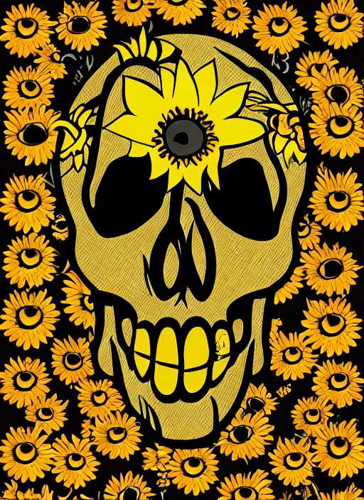 Image similar to skull head in the middle of a sunflower, spooky halloween theme, illustration line art style