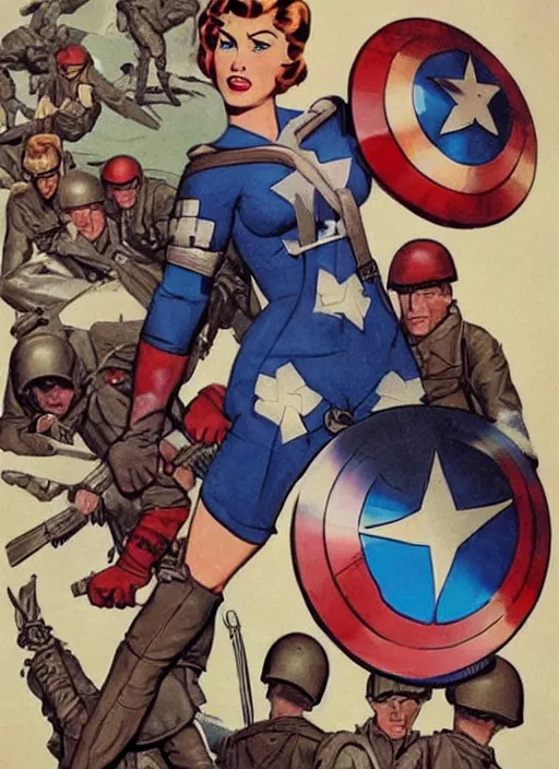 Image similar to beautiful female captain america standing on a pile of defeated, beaten and broken german soldiers. feminist captain america wins wwii. american wwii propaganda poster by james gurney and ralph bakshi. gorgeous face. overwatch.