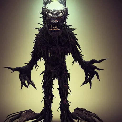 Image similar to nightmarish monster made of teeth, 12 feet tall, prowling, scary, dark but illuminated, full body concept, very fine art oil painting, ultra detailed, octane render, 4K, micro details