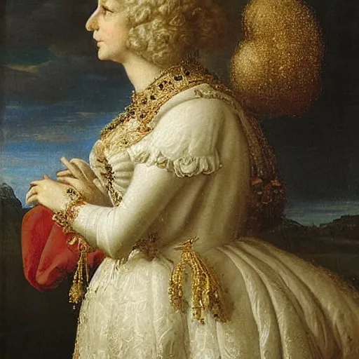 Image similar to portrait of a white poodle as an italian queen, painting by rafael