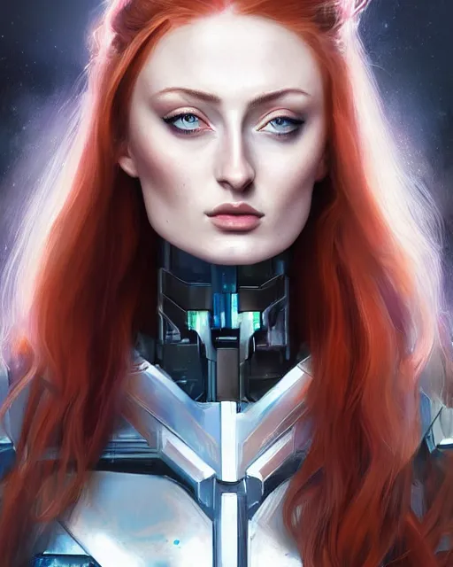 Prompt: Sophie Turner as a cyborg mecha queen, face portrait by Ross Tran and Angel Ganev and Salvador Dali, highly detailed, trending on artstationhq