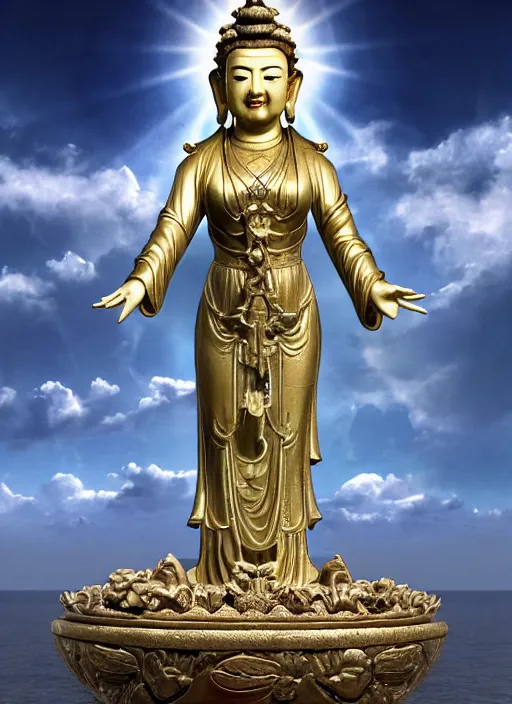 Image similar to guanyin stand on big loutus, a godness of the southern seas, a realistic setting with muted colors, visual novel cover, by yoshitaka amano, zeng fanzhi, jane hamilton, tiffany studios, sunrays shine uponit, frostbite 3 engine, cryengine, dof, trending on artstation, digital art, fantasy detailed background