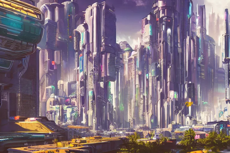 Image similar to optimistic bright utopian futuristic cyberpunk city, daytime, extremely realistic, extremely detailed