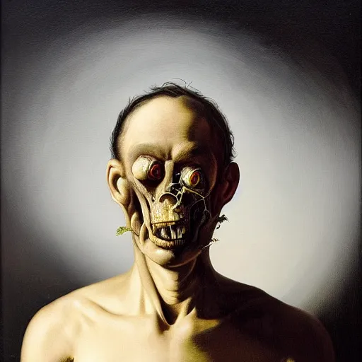 Image similar to refined gorgeous blended oil painting with black background by christian rex van minnen rachel ruysch dali todd schorr of a chiaroscuro portrait of an extremely bizarre disturbing mutated man with shiny skin acne intense chiaroscuro cast shadows obscuring features dramatic lighting perfect composition masterpiece