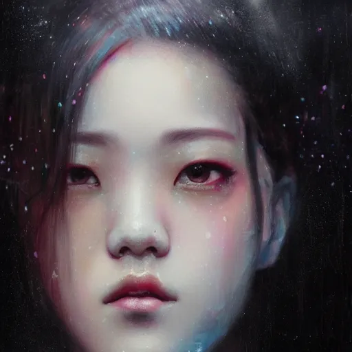 Image similar to jisoo of blackpink, hyperrealistic portrait, bladerunner street, by karol bak and agnes cecile, fantasy art, photo realistic, dynamic lighting, artstation, poster, volumetric lighting, very detailed face, 8 k, award winning