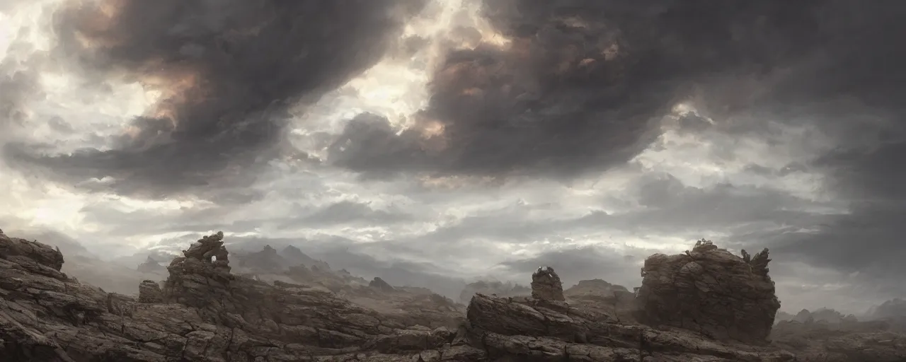 Prompt: spooky face in the clouds over a barren rocky landscape, [ cinematic, detailed, epic, widescreen, opening, establishing, mattepainting, photorealistic, 4 k, octane render, art by greg rutkowski ]