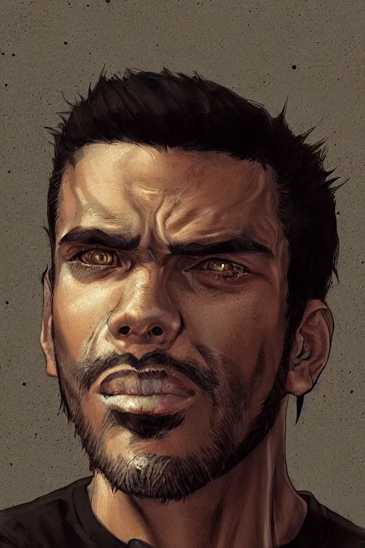 Prompt: very detailed portrait of a rugged man in his early thirties, strong jaw, deep black eyes, latino features, wearing a black!! t - shirt, earthy color scheme, by wlop and krenz cushart and artgerm, 9 0 s style, detailed eyes, starry background, trending, on artstation.