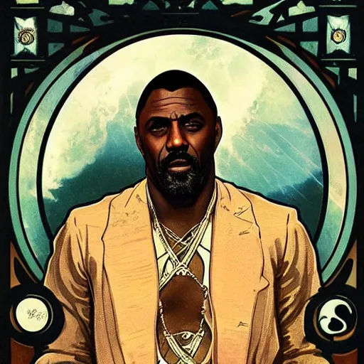 Image similar to idris elba portrait by louis - theophile hingre and alphonse mucha, realistic, sharp focus, zodiac signs, tarot cards, planets, ethereal, art nouveau, magic, moon, sun, crown, dreamy, royal, jewellery