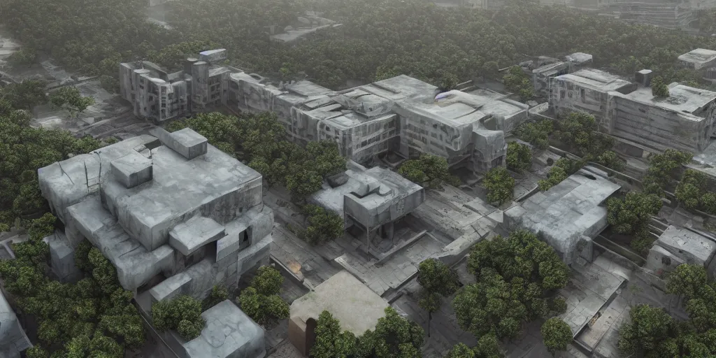 Image similar to brutalist architecture, abandoned streetscapes surrounded by lush green forest, aerial view, stunning volumetric lighting, sunset, rusted steel, smooth solid concrete, stunning skies, trending on Artstation, 8k, photorealistic, hyper detailed, unreal engine 5, IMAX quality, cinematic, epic lighting, in the style of the game DOOM, by Greg Rutkowski