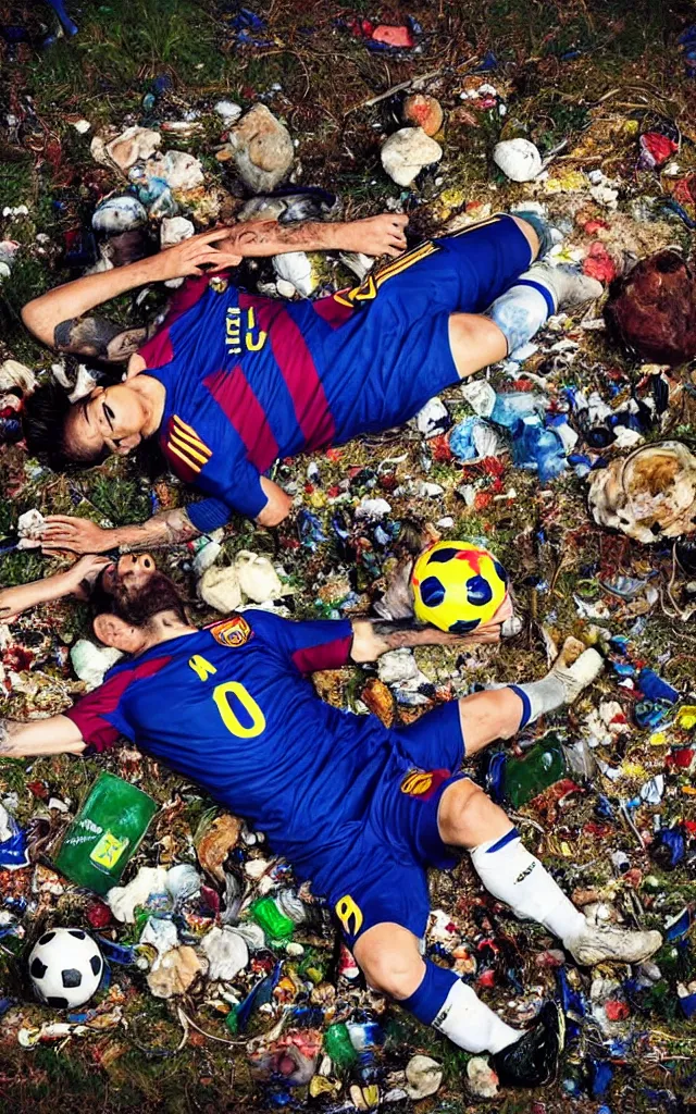 Prompt: messi soccer player laying in the ground surrounded by trash playing with a skull with his foot, ambulance light flares, scientific earth crust, trail cam, realistic photography paleoart, masterpiece album cover