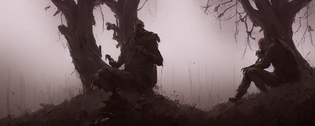 Image similar to duotone noir illustration close up of bald merchant demon sitting below willow tree in medieval brown tunic. foggy evening. dark dream atmosphere with volumetric hellish lighting, by sachin teng and sergey kolesov and ruan jia and heng z. graffiti art, scifi, fantasy, hyper detailed. octane render. concept art. trending on artstation