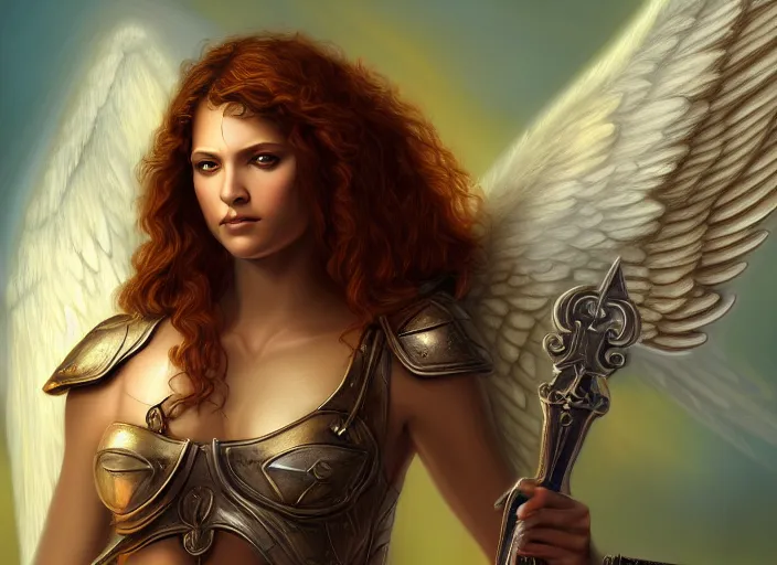 Image similar to a digital painting of an angel holding two swords, a digital rendering by jan tengnagel, fantasy art, deviantart uhd, deviantart, apocalypse art, ray tracing, highly detailed, high quality, 8 k resolution