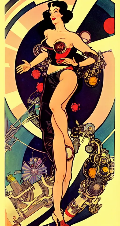 Image similar to a retro future science fiction pinup illustration of dita von teese, alphonse mucha, alberto vargas, gil elvgren, diesel punk.