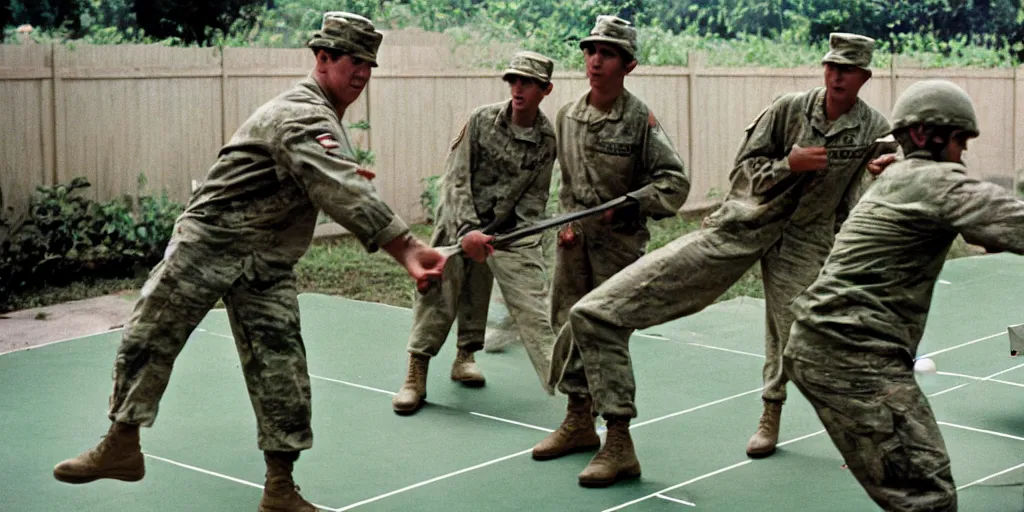 Prompt: u. s. soldiers in vietnam war, u. s. soldiers playing ping - pong on the base, portrait closeup, face closeup, coloured film photography, ken burns photography, lynn novick photography