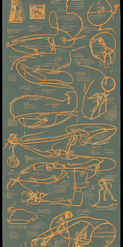 Prompt: anatomy of a bender bending rodriguez, diagrams, map, marginalia, sketchbook, old script, inhabited initials, pastel infographic by Wes Anderson and victo ngai