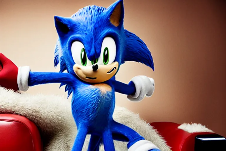 Image similar to sonic the hedgehog sitting on a leather couch, sultry photoshoot, shot by terry richardson