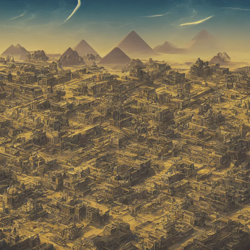 Prompt: pharaonic egyptian city, ancient egypt, retro-futuristic, landscape, skyline, high details